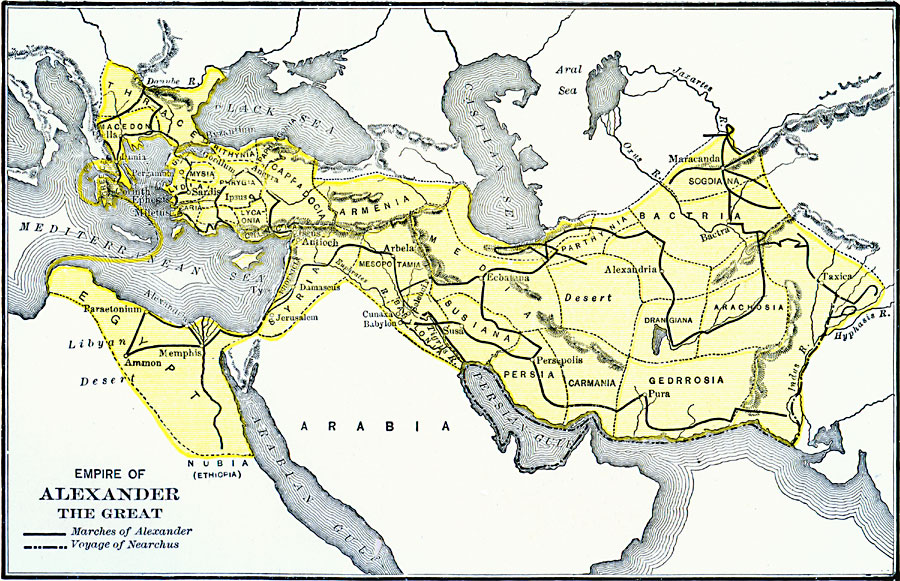 A map of the empire of Alexander the Great in 323 BCE, displaying the route of Alexander during his conquests in Egypt and the Persian Empire.