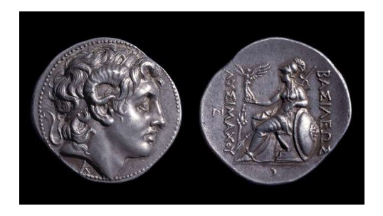 Double-sided silver coin. On the left is one side of the coin that displays the head of Alexander the Great with ram's horns surrounded by a a worn, dotted border. On the right is the other side of the coin that displays Athena Nikephoros seated with her right hand outstretched to hold a bird and her left arm resting on a shield, a spear behind her.