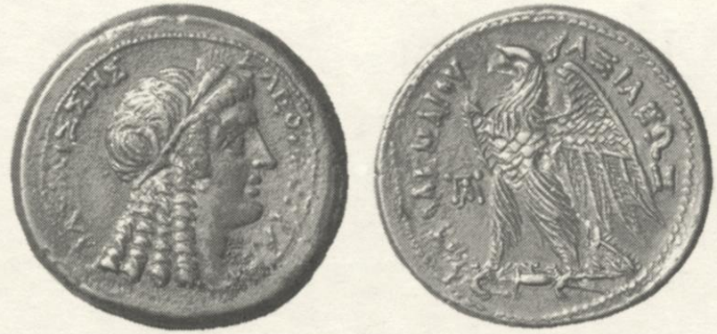 Double-sided coin. On the left, one side of the coin depicts a female head facing the right with corkscrew curls and a wreath of wheat in place of a diadem. On the right, the other side of the coin depicts an eagle facing the left and standing on a thunderbolt with its wings open.