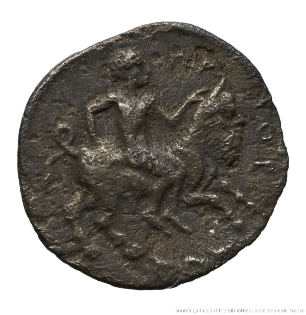 Image of a man on a man-headed bull facing the right and pointing with a very faint Greek lettering saying Panormos