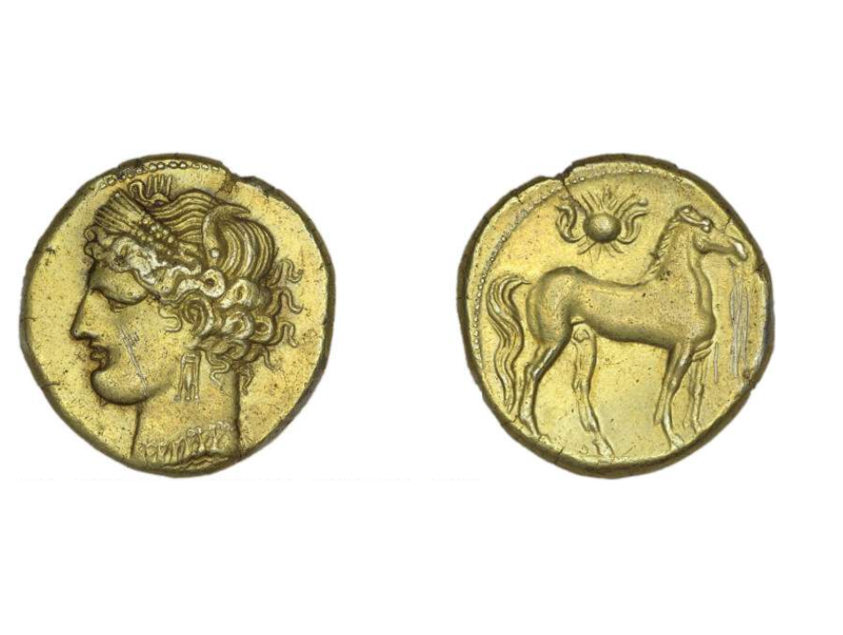 An electrum coin from Carthage. One side depicts a woman with earrings. The other depicts a horse standing under the sun.